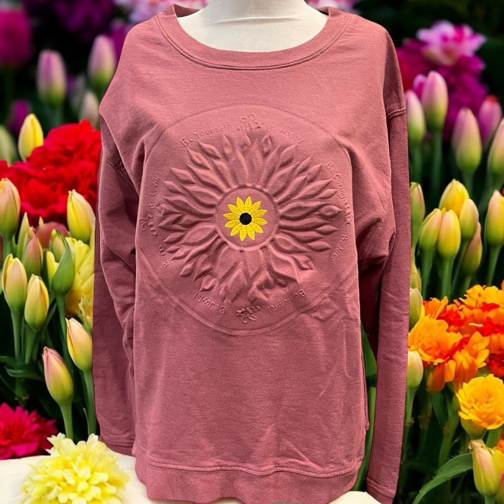 Vintage Womens Medium Embossed Flower Bee Sweatshirt Mauve Live Wire Positivity